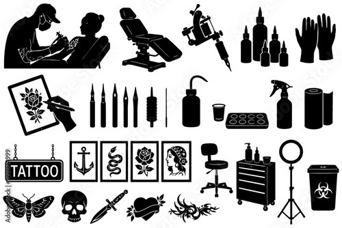 Tattoo studio essentials: tools, designs, and equipment in black and white silhouettes.