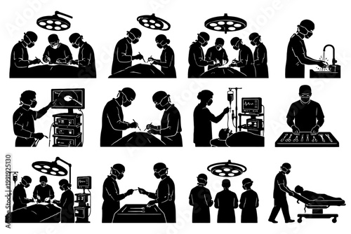 Silhouettes of surgeons in operating room performing surgery procedures.