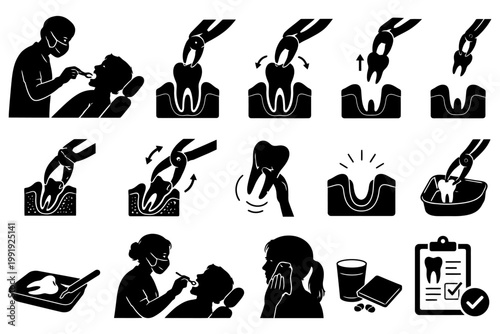 Tooth extraction process illustrated with dentists and tools.