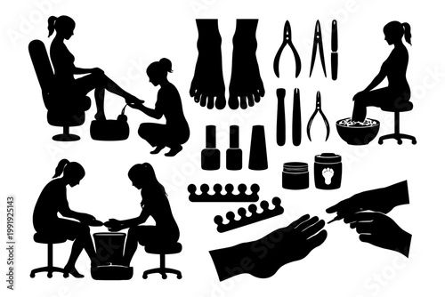 Silhouette nail salon activities and tools with female clients and technicians.