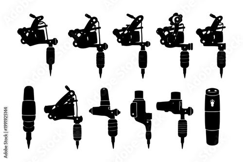 Silhouette of various tattoo machines and rotary guns on white background.