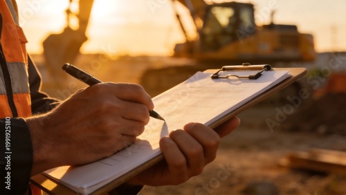 Construction worker writing on clipboard