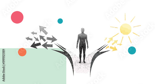 Businessman standing at crossroads, choosing path, decision making, directional arrows