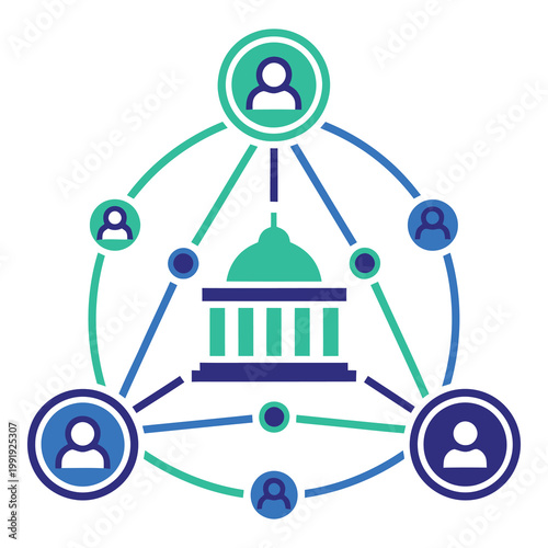 Government building with connected people network and lines  Public administration concept icon