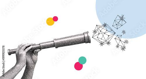 Futuristic vision, telescope view, crystal structures, colorful orbs, abstract concept