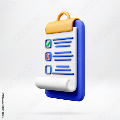 3D clipboard with document and checklist. Business task management concept with marked checkbox for progress tracking. Efficient data organization and project planning. Vector illustration