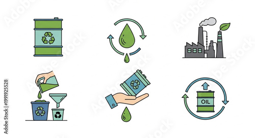 Set of icons representing oil industry and recycling process.