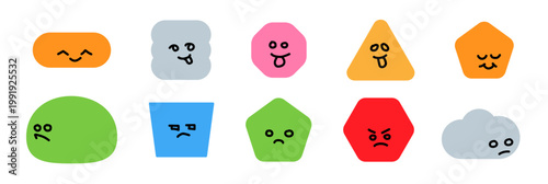 Geometric figure face Cute cartoon shapes with funny faces Star, square, triangle, cloud elements with eyes set