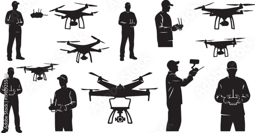 Silhouettes of people operating drones in various positions