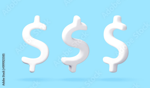 3D Three white dollar signs floating on a soft light blue. 3D icon of currency symbol for financial communication. Modern minimalist graphic design for banking and business. Vector illustration