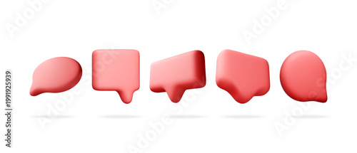 Set of red 3d speech bubbles on white background. Different chat notification cloud icons. Graphic element for feedback, social media, messaging and communication concept design. Vector illustration