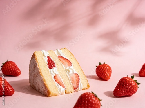 Delicious strawberry shortcake slice with whipped cream on pastel pink background