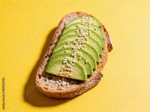 Sourdough avocado toast with sesame seeds on bright yellow background