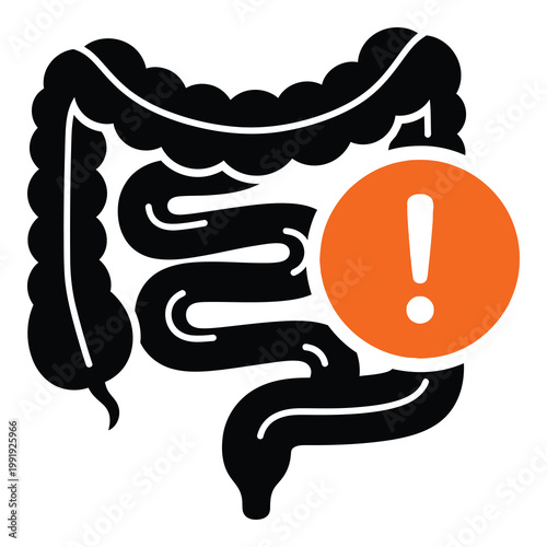 Human large intestine with exclamation mark warning sign  health issue alert symbol icon