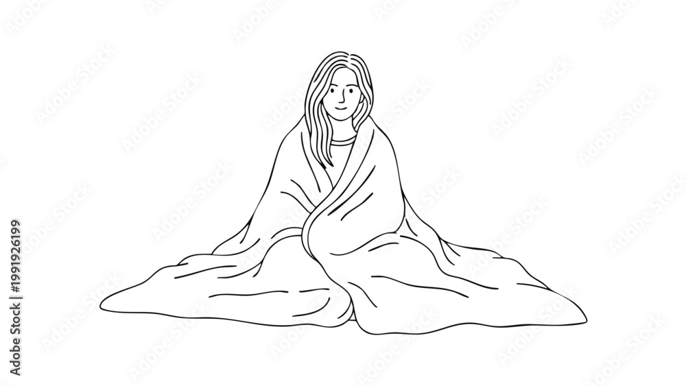Obraz premium Minimalist Line Art: Woman Wrapped in Blanket, Conveying Comfort, Relaxation, or Feeling Unwell