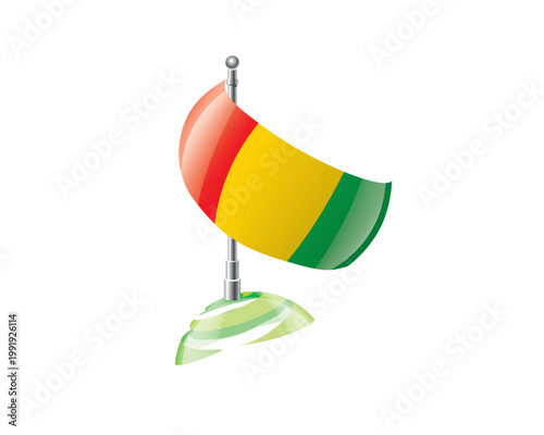 Photography Highly detailed of waving Guinean flag with metallic pole and subtle shadow effe