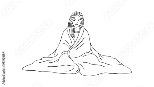 Minimalist Line Art: Woman Wrapped in Blanket, Conveying Comfort, Relaxation, or Feeling Unwell