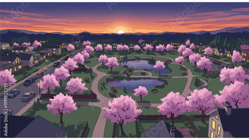Idyllic Suburban Park with Blooming Cherry Blossom Trees at Sunset, Digital Illustration of a Peaceful Spring Evening Landscape