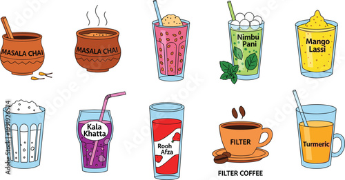Traditional Indian Beverage Vector Illustration Set Featuring Masala Chai, Mango Lassi, Filter Coffee, and Nimbu Pani for Cultural Food Menus and South Asian Lifestyle Designs