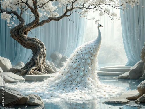 A white peacock with spread tail standing in a dreamy pond surrounded by blooming trees and mist