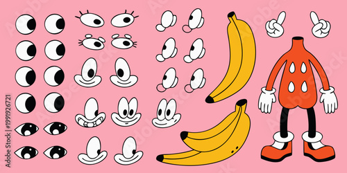 Cartoon body parts bananas and hands scattered on a pink background