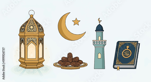 Islamic lantern crescent moon minaret holy book vector illustration