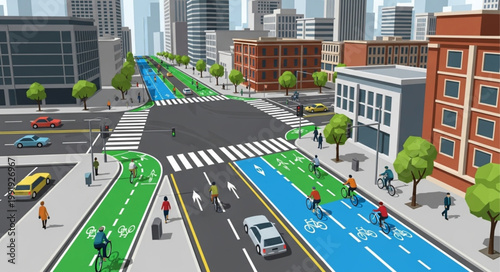 Modern City Street with Dedicated Bicycle Lanes and Pedestrian Crossings.
