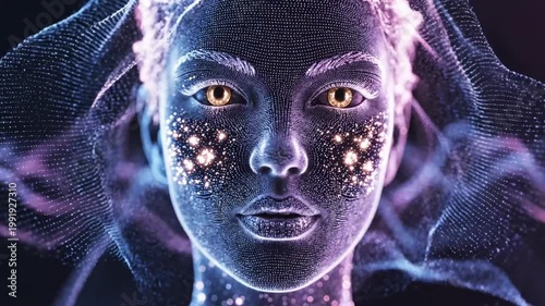 A woman with futuristic neon makeup and glowing eyes looks forward with an eerie purple and blue light projection around her face and hair.