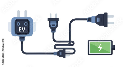 Electric vehicle charging cable connected to a power outlet with a battery