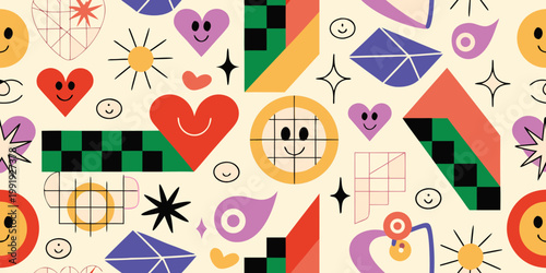 Playful abstract shapes and smiling faces create a vibrant pattern