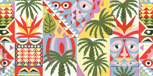Colorful geometric tiki masks and tropical foliage pattern design