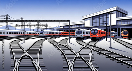 Modern train station with multiple tracks and trains.