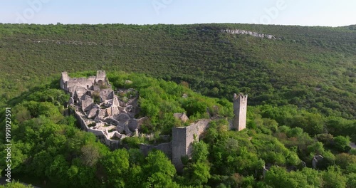 Aerial view of Dvigrad medieval castle ruins in Istria, Croatia