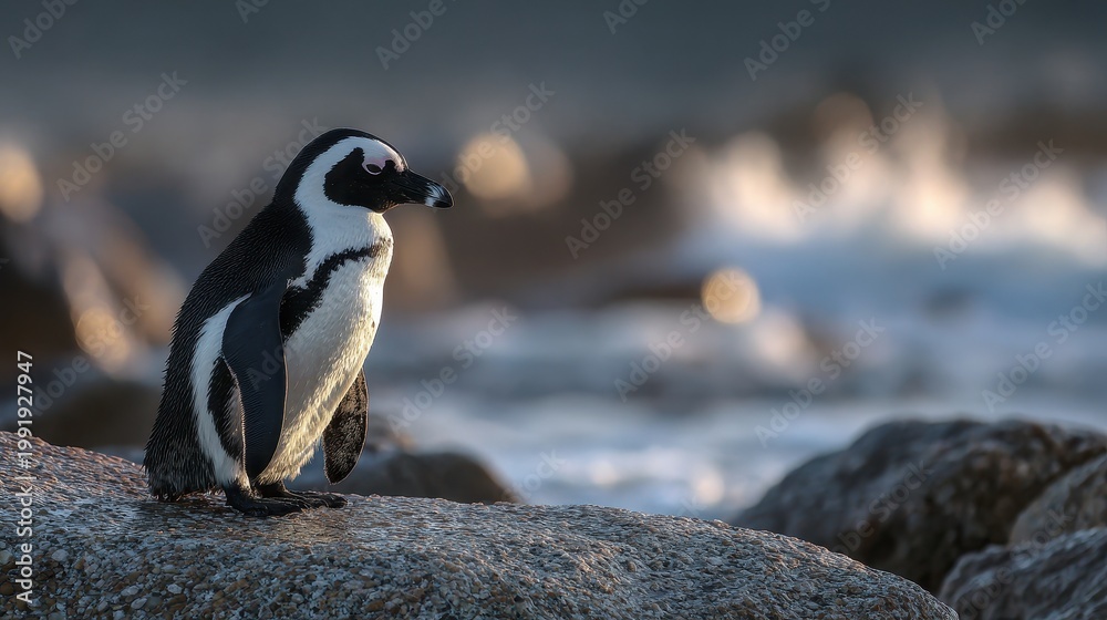 Obraz premium Single african penguin standing on coastal rock with blurred ocean waves in background.
