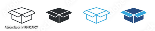 Packaging icon set. Delivery and logistics concept, open cardboard box, shipping and storage symbol, vector illustration