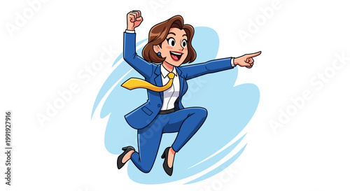 Excited businesswoman in blue suit jumping with joy, celebrating success, pointing forward