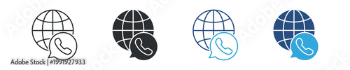 Global Communication icon set. Worldwide connection concept, globe with phone chat symbol, international messaging and network communication, vector illustration