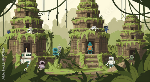 Ancient temple ruins with characters in a fantasy jungle setting, characters