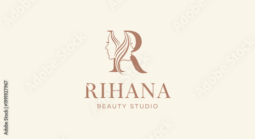 Rihana Beauty Studio Logo - Elegant Woman Profile & R Monogram