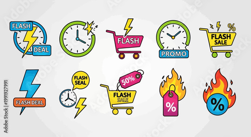 Flash Sale Icons: Shopping Carts, Clocks, Tags, and Lightning Bolts