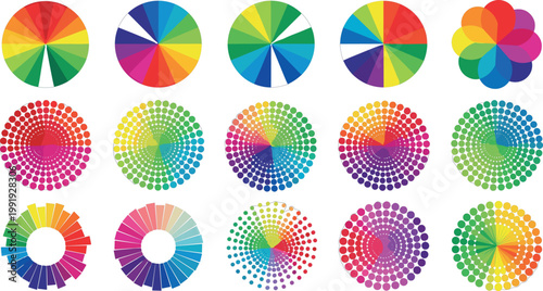 Comprehensive Color Wheel and Palette Set with Halftone Dots, Circular Gradients, and Vibrant Spectrum Samples for Graphic Designers, Artists, and Digital Creative Media ProjectsComprehensive Color Wh