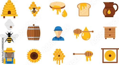 Honey and Beekeeping Icon Set Featuring Beehive Honeycomb Bread Jar Dipper Bee Barrel Beekeeper Sunflower and Apiary Elements for Organic Food Design.