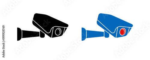 Security camera icon set flat vector black and blue red lens.
