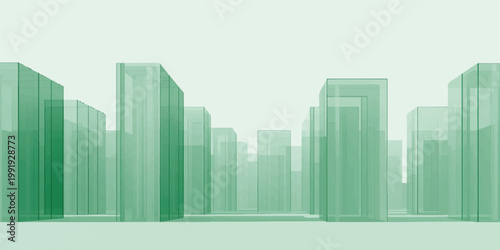Abstract green city skyline background featuring a 3d vector illustration of urban skyscrapers and architectural buildings in a modern downtown metropolis design