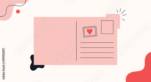 Modern and stylish illustration of a pink postcard with a heart stamp set against a background of abstract organic shapes.