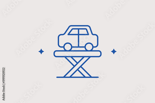 Car on scissor lift line icon for alignment services and comprehensive vehicle checkups. Technical Vector Illustration for auto body shop equipment guides and mechanic workshop infographics.