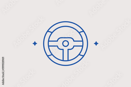 Steering wheel control line icon for vehicle direction and driver interface. Central Vector Illustration for driving school logos and car interior feature highlights.