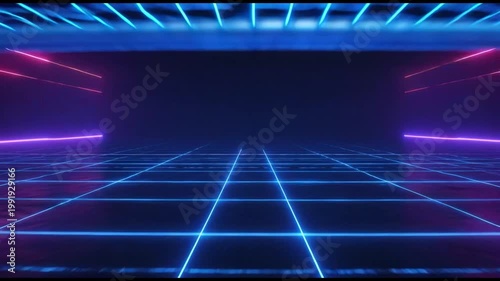 Neon Grid Abstraction: A captivating perspective showcasing an illuminated grid, exuding a sense of digital elegance and futuristic aesthetics.