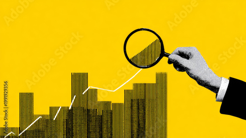 Trendy Halftone Collage Hand holding magnifying glass with up chart. Stock market statistics chart. Finance business data graph. Trending upwards. Contemporary vector illustration art