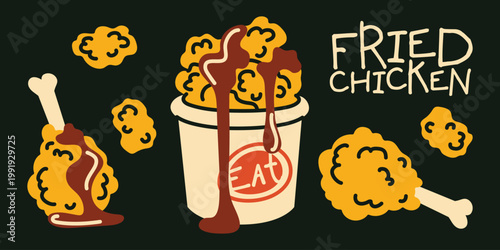 Detailed fried chicken bucket and drumsticks illustration set with spicy sauce. Appetizing hand drawn graphics for chicken shop branding, fast food menus, and takeaway packaging designs
